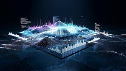 Futuristic blue data visualization featuring glowing particles forming 3D mountain charts and digital financial graphs in a cinematic technology animation, ideal for business analytics backgrounds. - Powered by Adobe