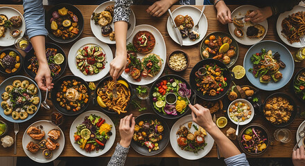 Abundant overhead view of a delicious feast with many hands reaching for food