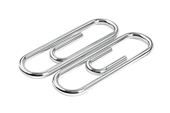 Close-up studio shot of two shiny silver paperclips against a dark, contrasting background