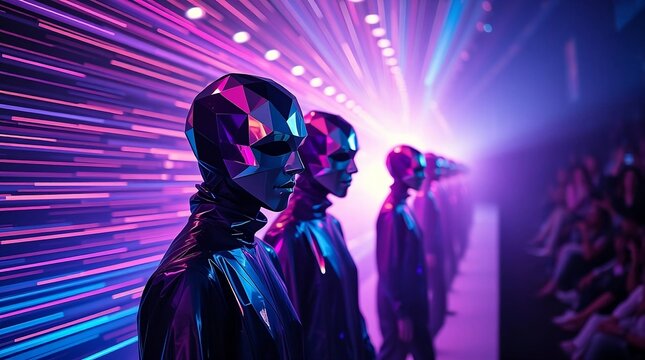 Futuristic android models wearing sleek, reflective black bodysuits and metallic masks walk down a neonlit runway during a hightech fashion show with vibrant purple and pink light streaks creating a s