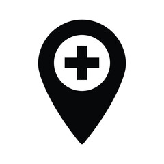 Fototapeta premium Black medical cross in location pin icon on white background map marker healthcare