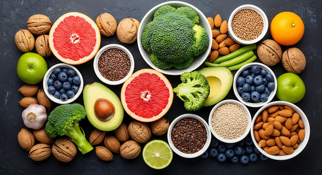 Assortment of fresh fruits vegetables nuts and seeds for healthy eating