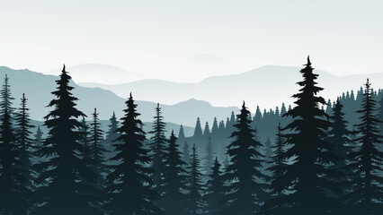 a foggy forest in blue tones back