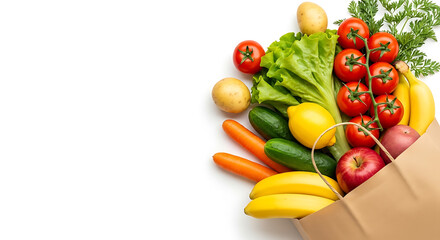 Fresh groceries overflowing from a brown paper shopping bag