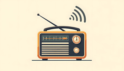Obraz premium Retro radio illustration with signal waves on a cream-colored background
