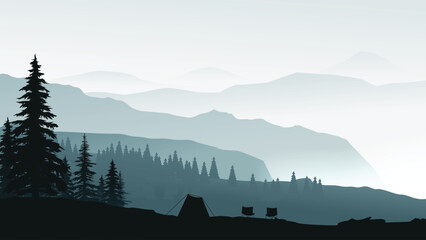 a morning camping in misty mountain forest