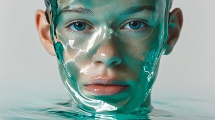 Close-up portrait of a young woman with a translucent gel mask on her face, submerged in turquoise water, creating a serene and ethereal atmosphere, emphasizing beauty and self-care