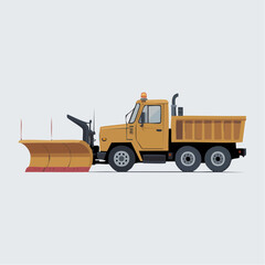 Obraz premium Yellow snowplow truck with a large front blade and a dump bed, ready for winter road clearing.