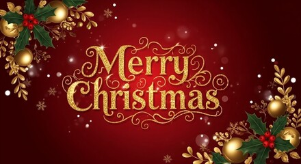 Elegant Merry Christmas Greeting on Red Background with Golden Decorations