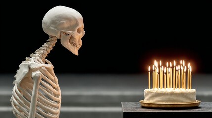 Skeleton figure gazing at a birthday cake adorned with lit candles, creating a whimsical contrast between life and death, celebrating the passage of time in a humorous manner