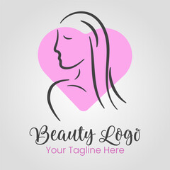 Beauty woman head with pink heart logo design template illustration