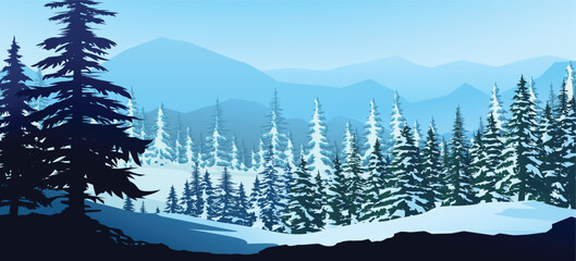 a winter forest landscape with snowy mountains