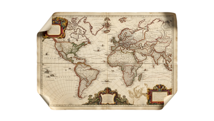 Antique, detailed world map with decorative borders, curled corners, and aged paper texture
