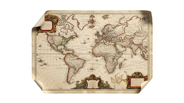 Antique, detailed world map with decorative borders, curled corners, and aged paper texture