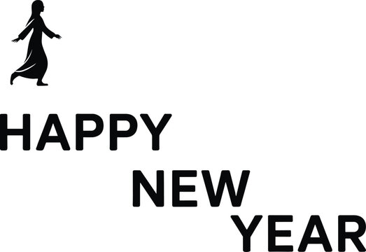 Happy New Year celebration illustration with walking silhouette figure, festive greeting message expressing joy, hope, renewal and positivity