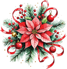 a beautiful red poinsettia Christmas flower surrounded by red berries and pine leaves