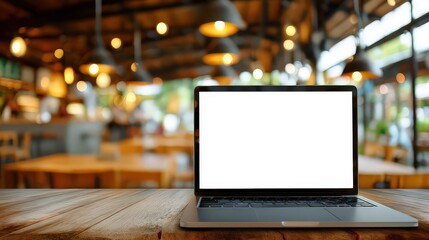 Laptop Displaying Blank Screen on Wooden Table in Cafe Interior Blurred Background