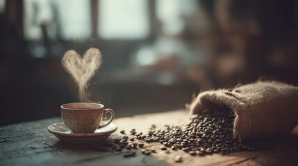 Coffee cup steam shaped like heart with coffee beans spilled on wooden table with blur background