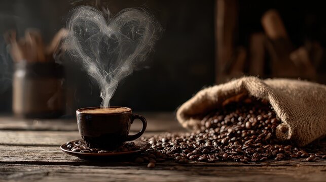 Coffee Cup with Steam Forming Heart Shape on Wooden Tabletop Near Coffee Beans - Powered by Adobe