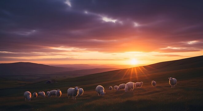 Flock of sheep grazing on a tranquil hillside at sunset.