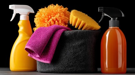 Cleaning supplies arranged in a black basket featuring vibrant sponges, towels, and spray bottles, showcasing essential tools for effective home cleaning and maintenance tasks