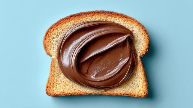 Slice of toasted bread topped with smooth chocolate spread, showcasing rich texture and glossy surface, set against a soft blue background for an appetizing visual appeal