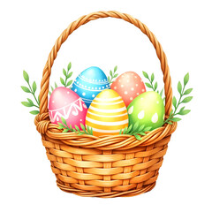 Colorful Easter eggs in a woven basket with green leaves, festive spring holiday celebration (Transparent Background)
