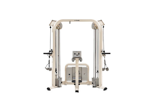 Beige cable machine with weights and adjustable arms for various exercise routines