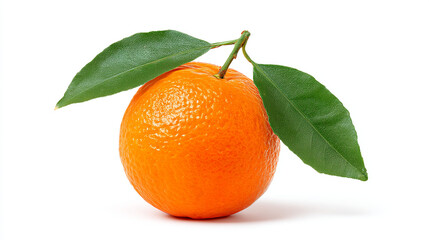 Single ripe orange fruit with green leaves on a white background