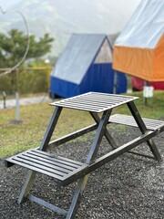 Tents located on a park in the morning with mist