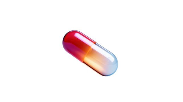 capsule pill floating on a clean white background, minimal pharmaceutical aesthetic, high clarity, sleek modern product photography.