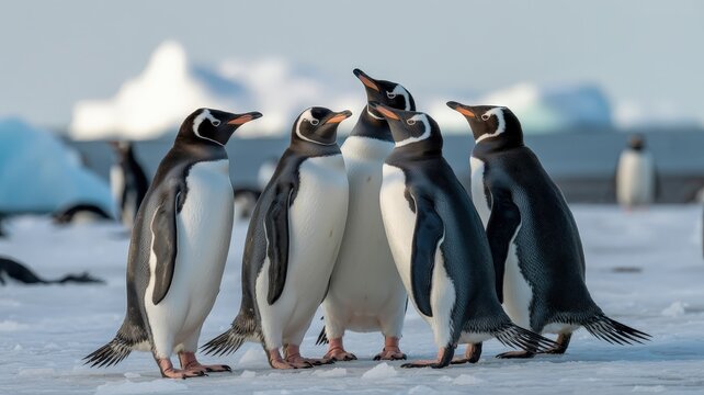 A Huddle of Gentoo Penguins Standing Together on an Icy Surface.