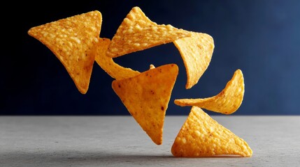 Crispy golden tortilla chips are flying in mid-air against a dark background, showcasing their texture and shape, perfect for snack food advertising and culinary presentations