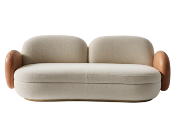 Contemporary Sofa: An elegant, modern sofa with a minimalist design, featuring soft, neutral upholstery and unique wooden armrests. A perfect blend of comfort and style.
