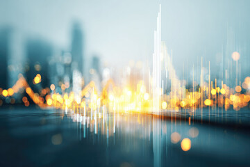Defocused abstract economy dashboard blurred graphs and indicators, glowing cityscape background, financial data visualization, futuristic urban analytics, energetic atmosphere