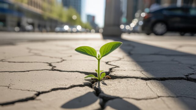 A lone green sprout emerges from a cracked concrete sidewalk, symbolizing resilience and new life in an urban environment.