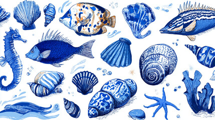 Stylized Sea Life Doodle Pattern with Corals Fish Shells and Underwater Treasures Seamless Ocean Wallpaper