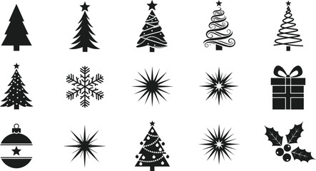 Christmas tree silhouette bundle with decorative stars, snowflakes, starbursts, holly leaves, gift box, festive holiday winter decoration vector icon set