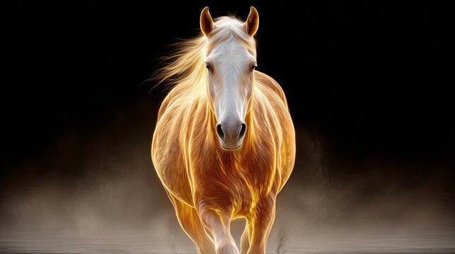 Majestic white horse galloping through a misty landscape, illuminated by soft light, showcasing its powerful form and grace in a captivating natural setting