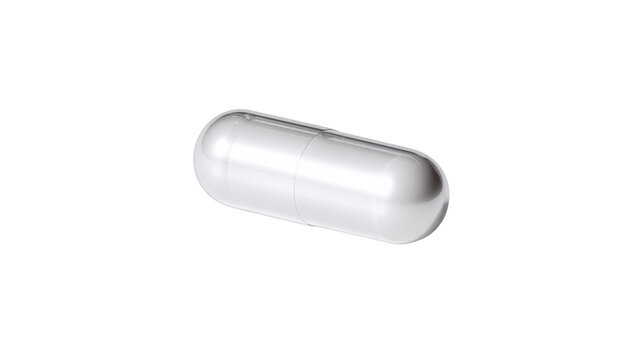 capsule pill floating on a clean white background, minimal pharmaceutical aesthetic, high clarity, sleek modern product photography.