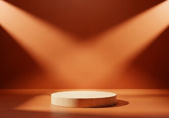 Empty pedestal illuminated by dramatic spotlights against a warm orange background
