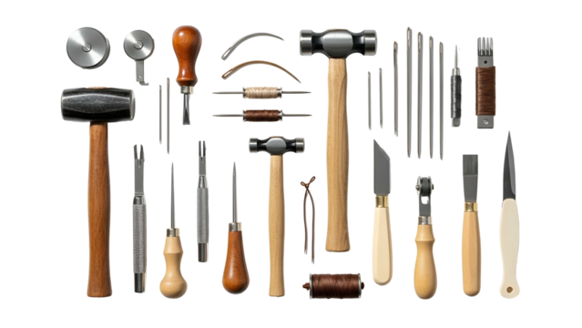 A collection of leatherworking tools laid out against a black background