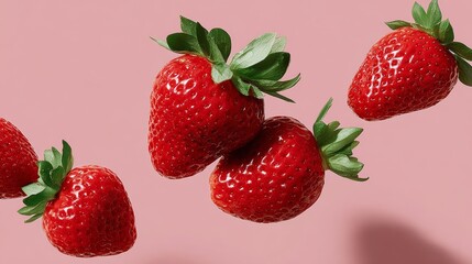 Fresh red strawberries floating against a soft pink background, showcasing their vibrant color and natural texture, perfect for culinary and health-related themes in visual storytelling