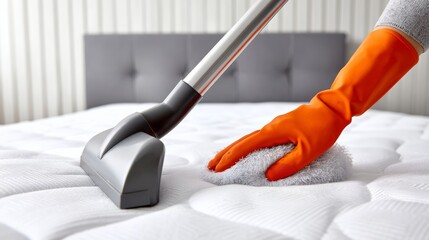 Person wearing orange gloves is cleaning mattress with vacuum cleaner and cloth, showcasing effective cleaning techniques in a modern bedroom environment with soft textures and neutral colors