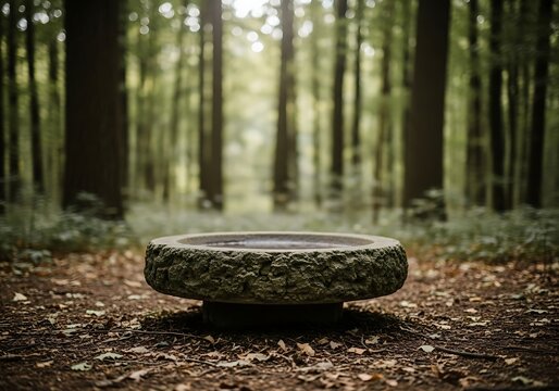 Ancient stone pedestal in a sunlit forest clearing with fallen leaves - Powered by Adobe