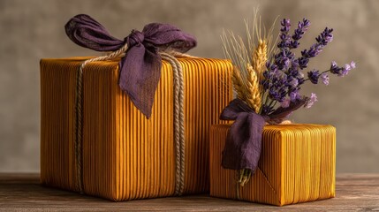 Beautifully wrapped orange gift boxes with purple ribbons and lavender accents, arranged on a wooden surface, evoke a sense of joy and celebration for various occasions