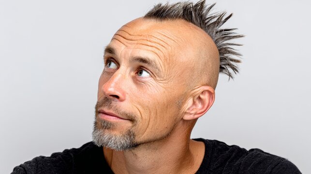 Male individual with unique spiked hairstyle, gazing upward with a thoughtful expression, wearing a black shirt against a neutral background, capturing a moment of contemplation and creativity
