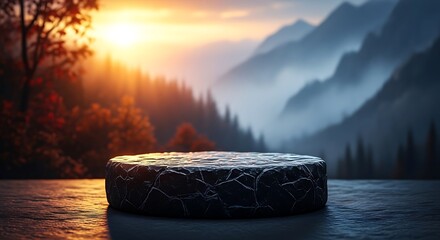 Stone pedestal on calm water with misty mountains and sunset forest background