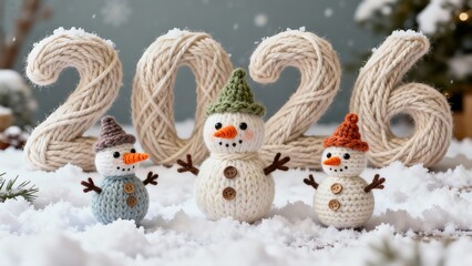 Cute knitted snowmen in colorful hats stand beside large 2026 numbers in a snowy scene. Ideal for greeting cards, festive ads, banners, social posts and cheerful winter holiday promotions.