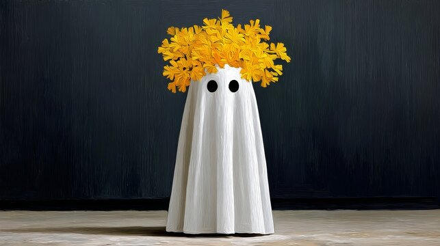 Whimsical ghost figure draped in white fabric, adorned with vibrant yellow flowers, set against a dark background, creating a playful and imaginative atmosphere for seasonal decor